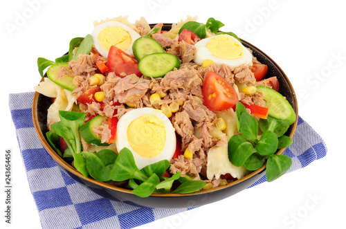 Tuna and pasta salad meal isolated on a white background