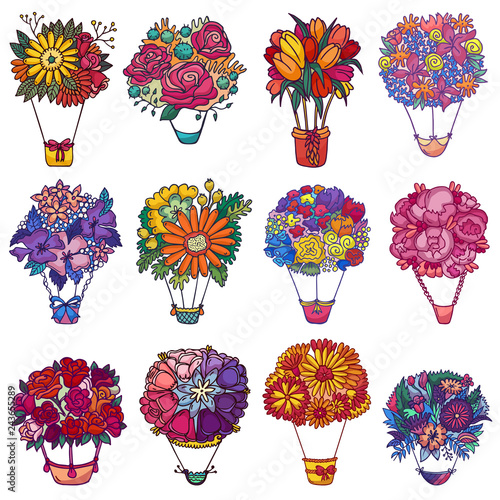 Bouquet aerostat vector beautiful floral air-balloon gift with blossom flowers illustration flowering set of flowery rose tulip on valentine birthday holiday isolated on white background