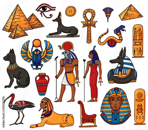 Egyptian vector pharaoh character ancient man woman god ra pyramid sphinx cat statue of Egypt culture historical illustration set of archeology collection african vase isolated on white background