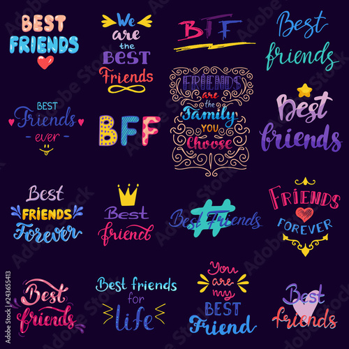 Friend lettering vector BFF friendship card typography and friendly calligraphy logotype best friend sign illustration handwritten set of friendliness banner isolated on black background