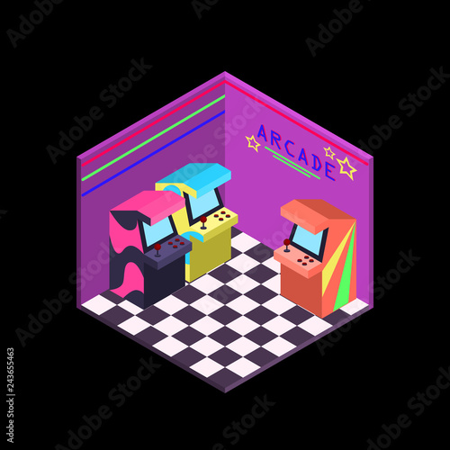 Neon colors 1980s arcade machine isometric illustrate vector
