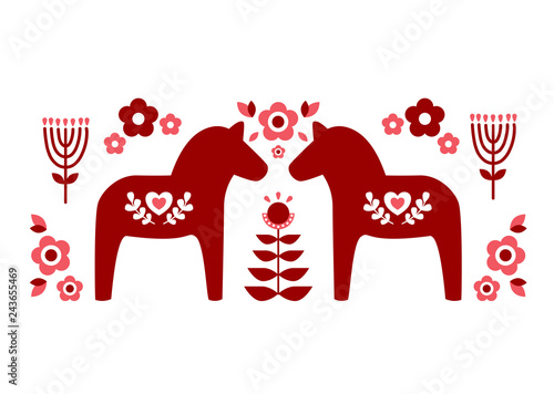 Red Swedish dala horse and red pink floer patterns illustrate vector photo
