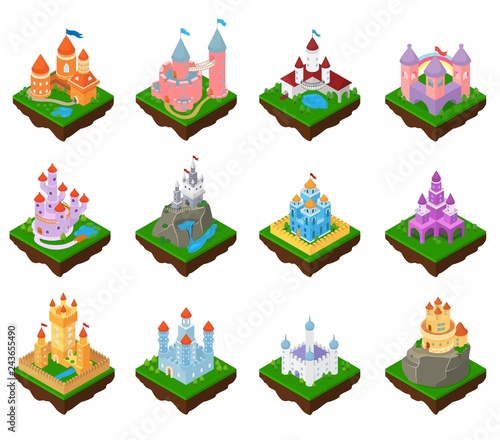Cartoon castle vector fairytale medieval tower of fantasy palace building in kingdom fairyland illustration childish isometric set of princess fairy-tale house isolated on white background