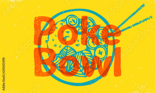 Poke Bowl Hawaiian dish with rice, fresh fish, vegetables, spices and greens. Colorful vector illustration on yellow background for web and printing.