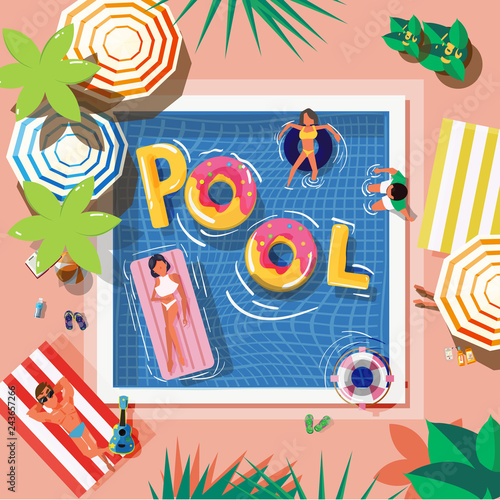 pool in top view with reading people and graphic elements - vector