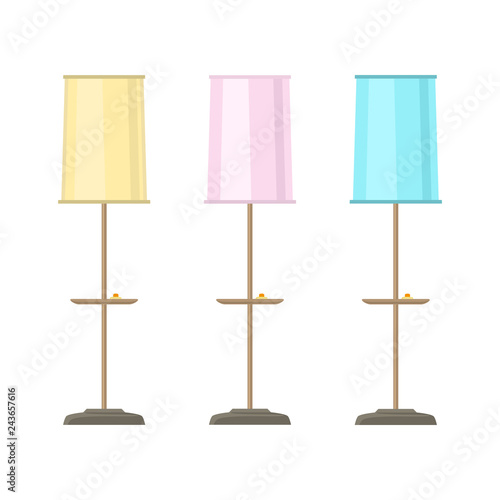 Set of floor lamps with yellow, pink and blue lamp shade isolated on white background, vector illustration