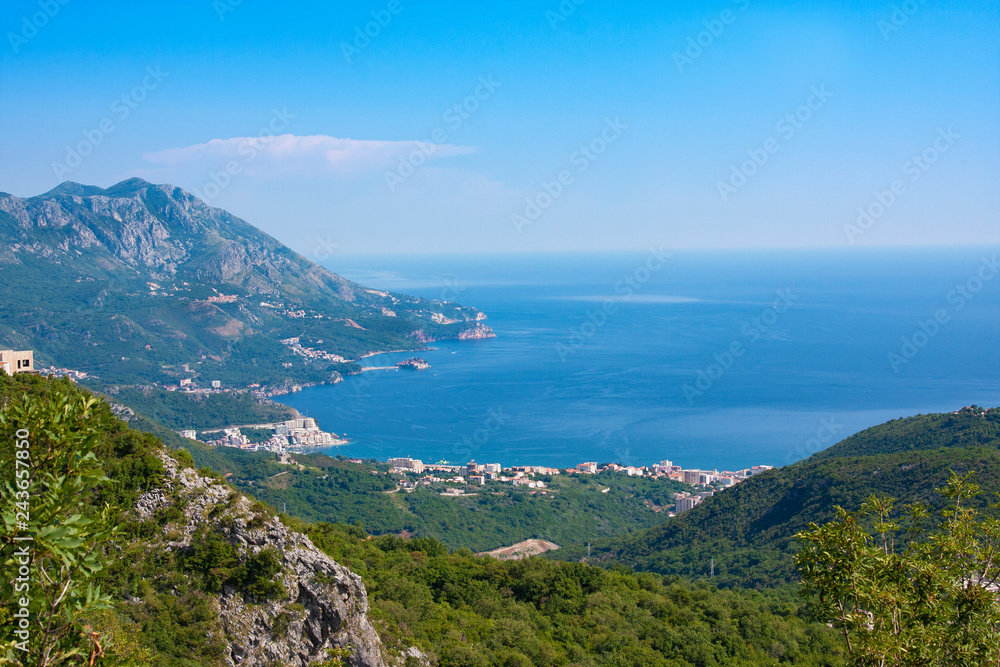Top view of town of Budva with high mountains and sea, Montenegro