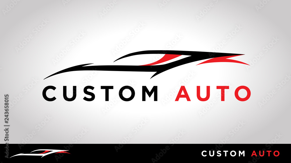 Custom auto sportscar silhouette vehicle tuning shop logo design. Vector  illustration. Font used - Gotham Bold. vector de Stock