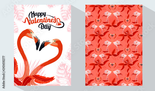 Happy Valentine's Day card set. Exotic flamingo and tropical palm leaves, plants, bird of paradise. Vector design templates. Design element for card, poster, banner, and other use. 