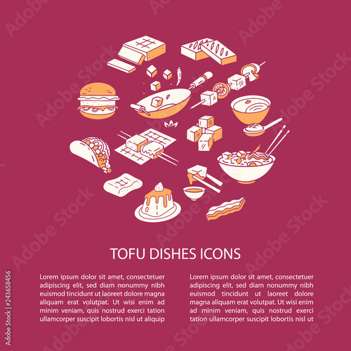 Round vector cooking tofu icon composition tofu soup, bbq, tofu burger, stir fry. Isolated on the burgundy background and with text block.