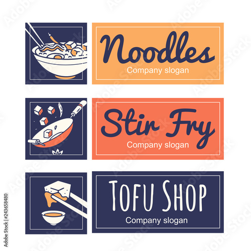 Set of restaurant and food logo vector template design with tofu dishes: soup, stir fry and tofu with soy sauce.