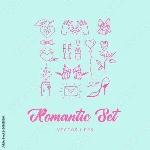 Hand drawn illustration romantic set. Birds couple, rose, champagne glass, candle, heart balloon, gift box, envelope, bow tie, heart, apple, high heel shoe, love concept.