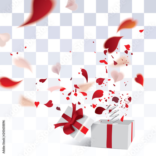 Happy Valentine's Day-surprising gift box with defocused transparent red heart shaped confetti or falling romantic hearty petals of flowers isolated on checkered background