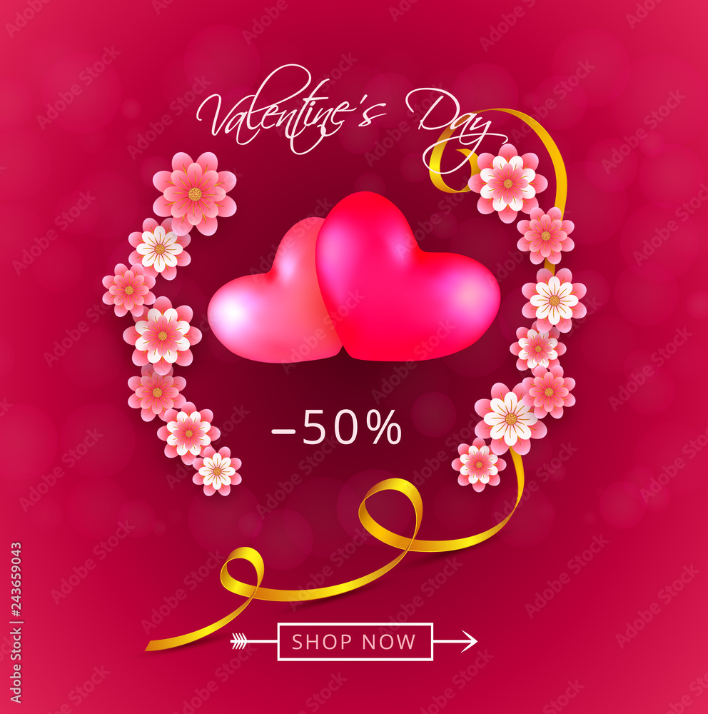 Valentines day sale gift offer background with two hearts and pink paper-cut flowers