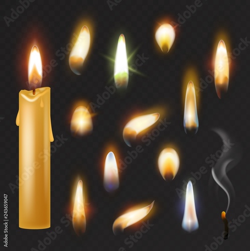Candle flame vector fired flaming candlelight and flammable fire light illustration fiery flamy realistic set bright burn decoration for celebration isolated on black transparent background