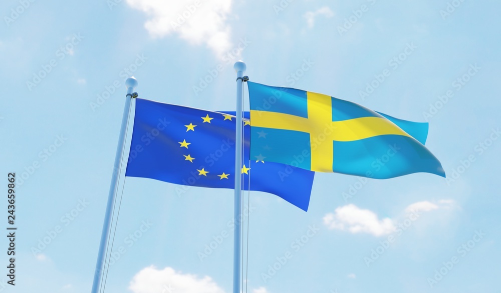 Sweden and European Union, two flags waving against blue sky. 3d image Sweden and European Union, two flags waving against blue sky. 3d image