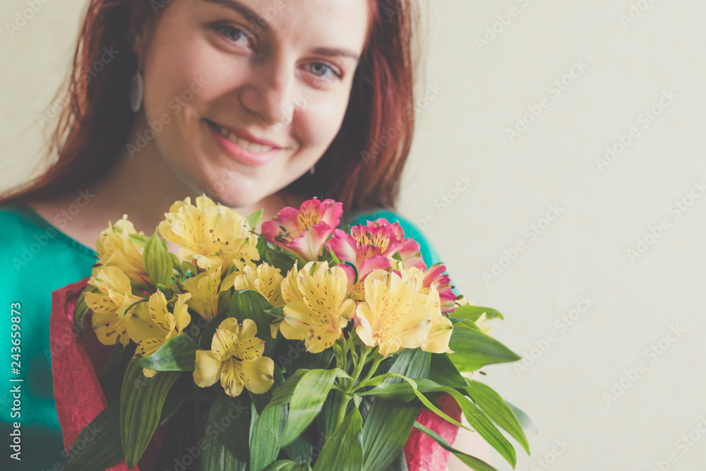 Image of cute woman with bouquet. 8 march Image of cute woman with bouquet. 8 march