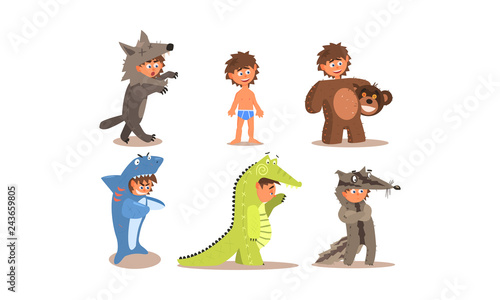 Boy in different masquerade costumes set, wolf, bear, shark fish, crocodile, raccoon, vector Illustration