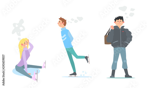 Girl and young man skating, winter activities vector Illustration, warmly dressed people vector Illustration