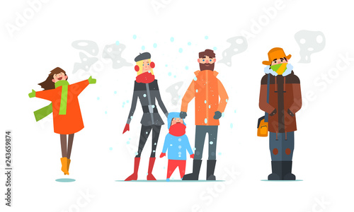 Warmly dressed people, winter time vector Illustration