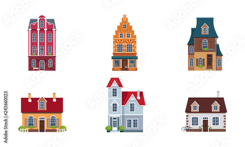 Building facades set, buildings, houses, cottages of different architectural styles vector Illustration