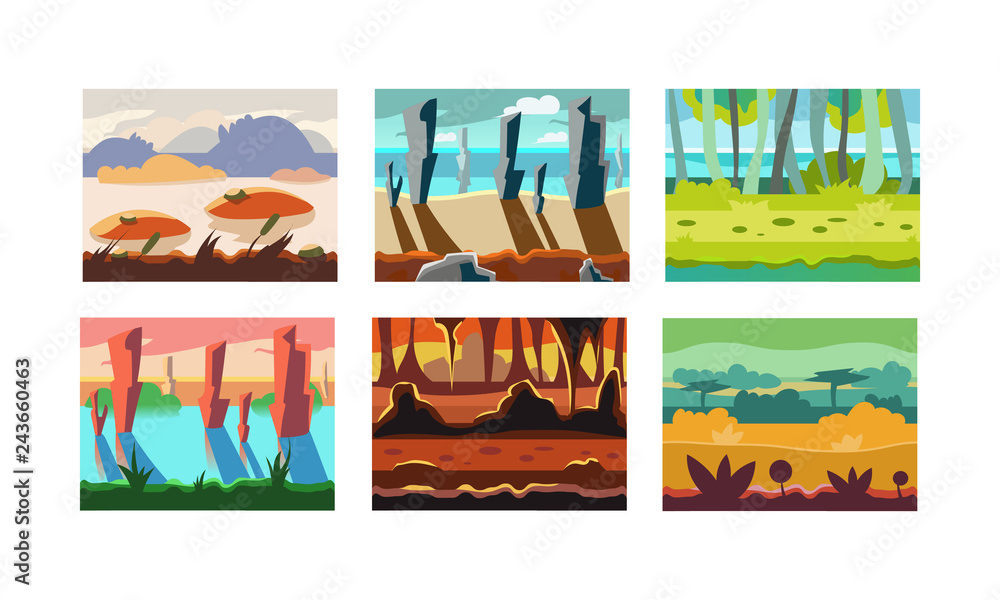 Flat vector set of seamless backgrounds for mobile game. Landscapes with mountains, wild forests, cliffs and rivers