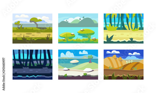 Flat vector set of seamless horizontal backgrounds for mobile or computer game. Colorful natural landscapes