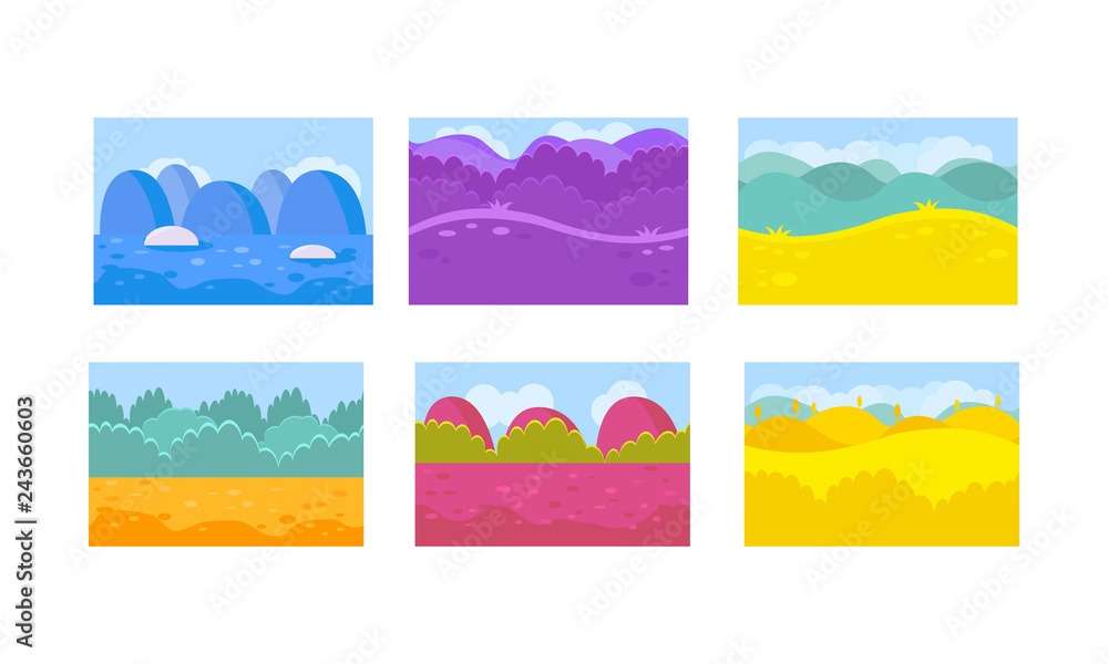 Flat vector set of 6 seamless backgrounds for mobile game. Landscapes with abstract forests, hills and blue glaciers