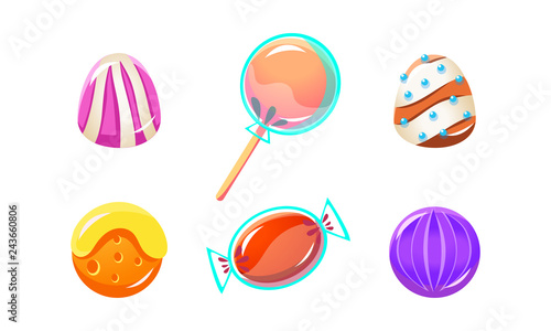Colorful glossy candies set, sweets of different shapes, user interface assets for mobile apps or video games vector Illustration