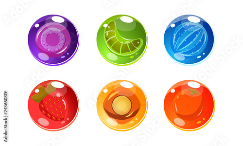 Colorful glossy balls set, shiny spheres with different fruits inside, user interface assets for mobile apps or video games vector Illustration