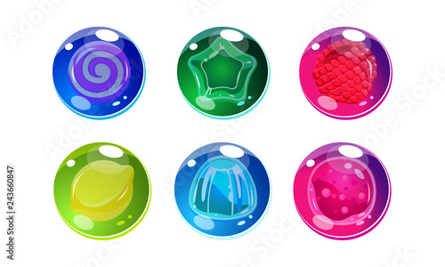 Colorful glossy balls set, shiny spheres with candies and fruits inside, user interface assets for mobile apps or video games vector Illustration