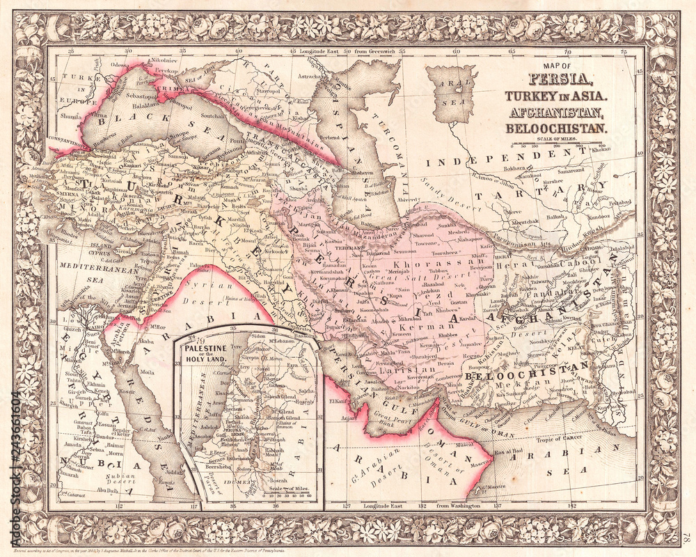 1866, Mitchell Map of Persia, Turkey and Afghanistan, Iran, Iraq