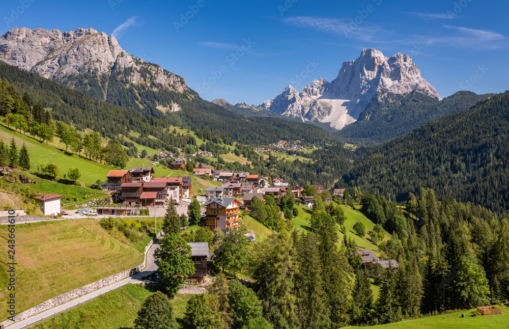 Typical summer village landscape in Dolomites, Italy