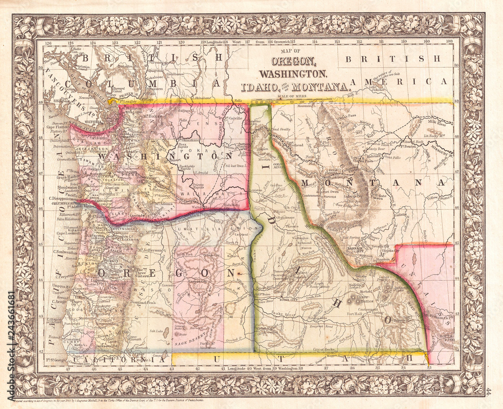 1866, Mitchell Map of Washington, Oregon, Idaho and Montana