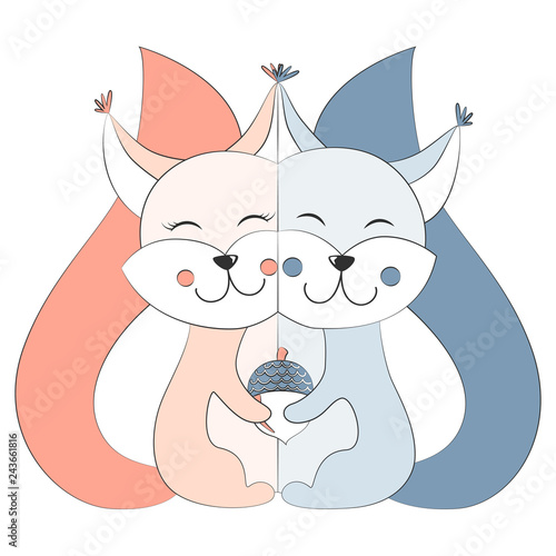 Love Squirrel Vector illustration. Blue and Pink set.