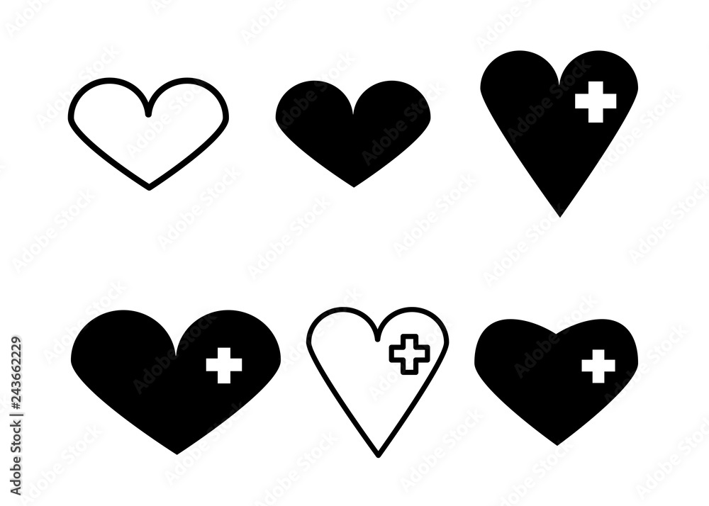 a heart. Medical black and white vector icons set a heart. Medical black and white vector icons set