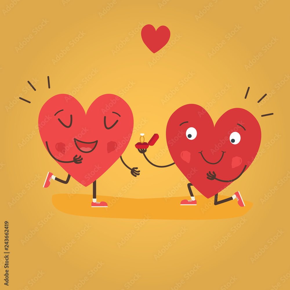 Two happy hearts, proposes a woman to marry. Cute couple in love. Happy Valentine s day vector card - Vector