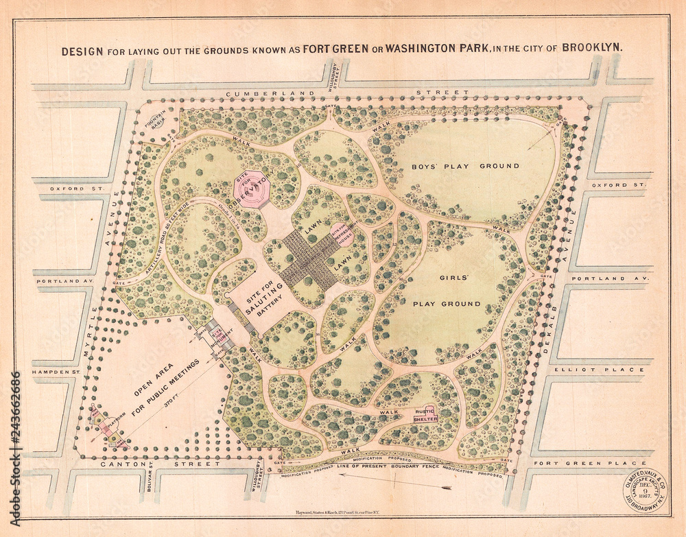 1868, Vaux and Olmstead Map of Fort Greene Park, Brooklyn, New York
