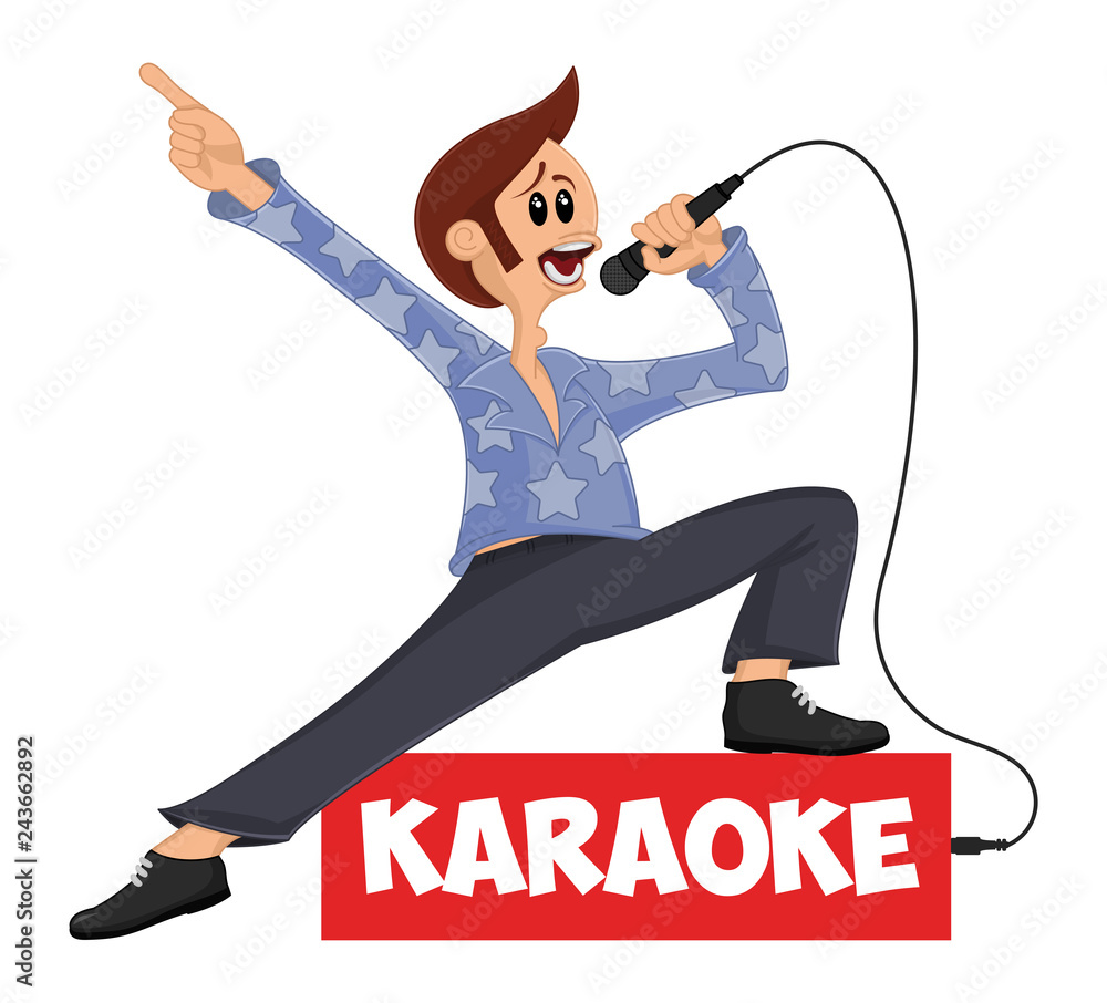 Funny vector cartoon character singing into microphone and posing. Mascot  for karaoke bar, party, disco bar, night club. live music, print, emblem,  t-shirt, party decoration, sticker. Stock Vector | Adobe Stock