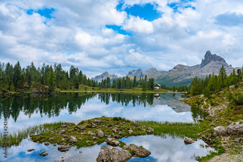 Summer Federa lake with Dolomites peak, Cortina D'Ampezzo, South Tyrol, Dolomites, Italy