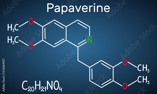 Papaverine molecule. It is opium alkaloid antispasmodic drug. Structural chemical formula on the dark blue background