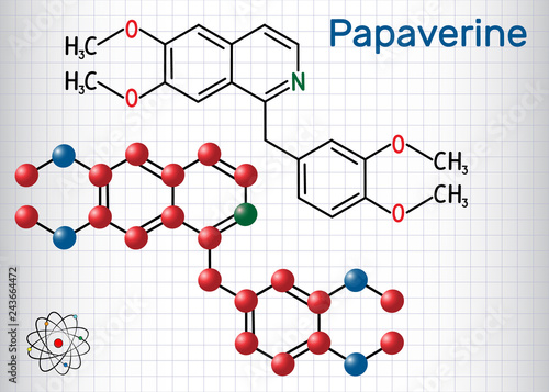 Papaverine molecule. It is opium alkaloid antispasmodic drug. Structural chemical formula and molecule model. Sheet of paper in a cage