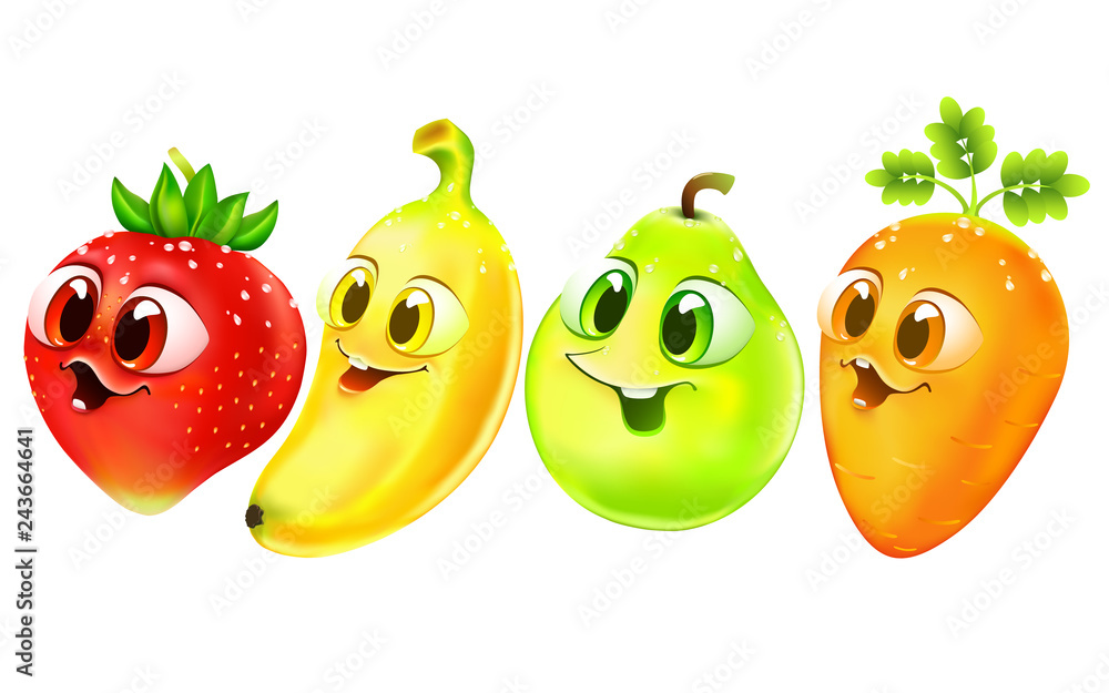 funny cartoon fruit with big eyes. food set. emotion strawberry, banana,  pear, carrot Stock Vector | Adobe Stock