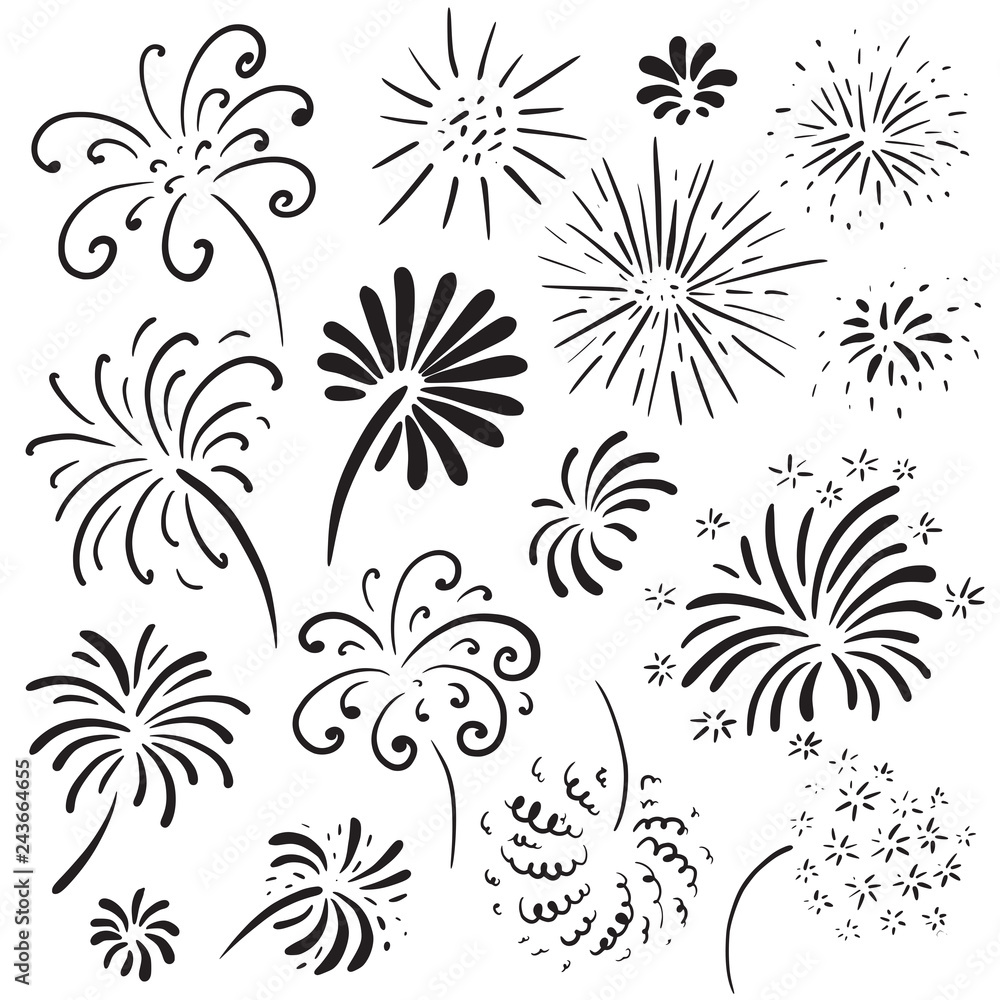 Collection of hand drawn fireworks. Monochrome vector illustration