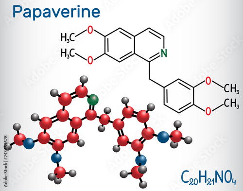 Papaverine molecule. It is opium alkaloid antispasmodic drug. Structural chemical formula and molecule model