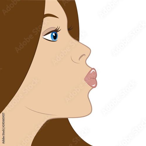 beautiful young girl with brown hair makes kiss lips vector illustration EPS10