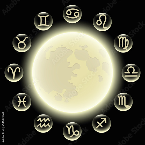 zodiac symbols in circle at full moon vector illustration EPS10