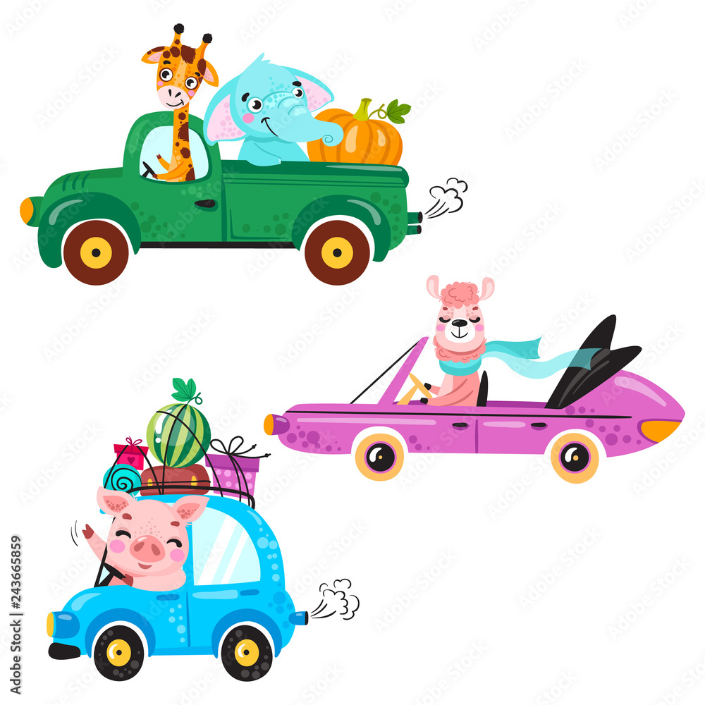 Set of kids transport with llama, giraffe, elephant, pig and pumpkin. Cute animals  ride on the car. Vector illustration isolated on white background Stock  Vector | Adobe Stock