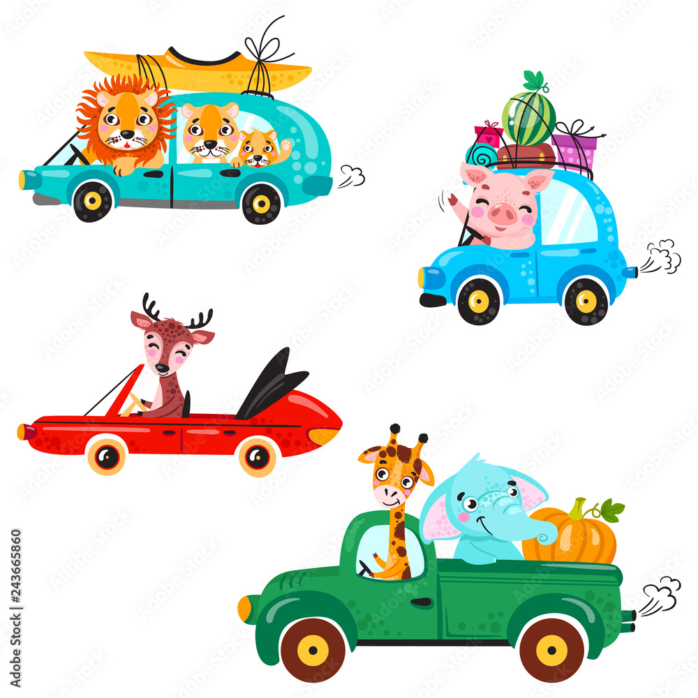 Fototapeta Set of kids transport with lion, boat, canoe, giraffe, elephant, deer, watermelon and gifts. Cute animals ride on the car. Vector illustration isolated on white background