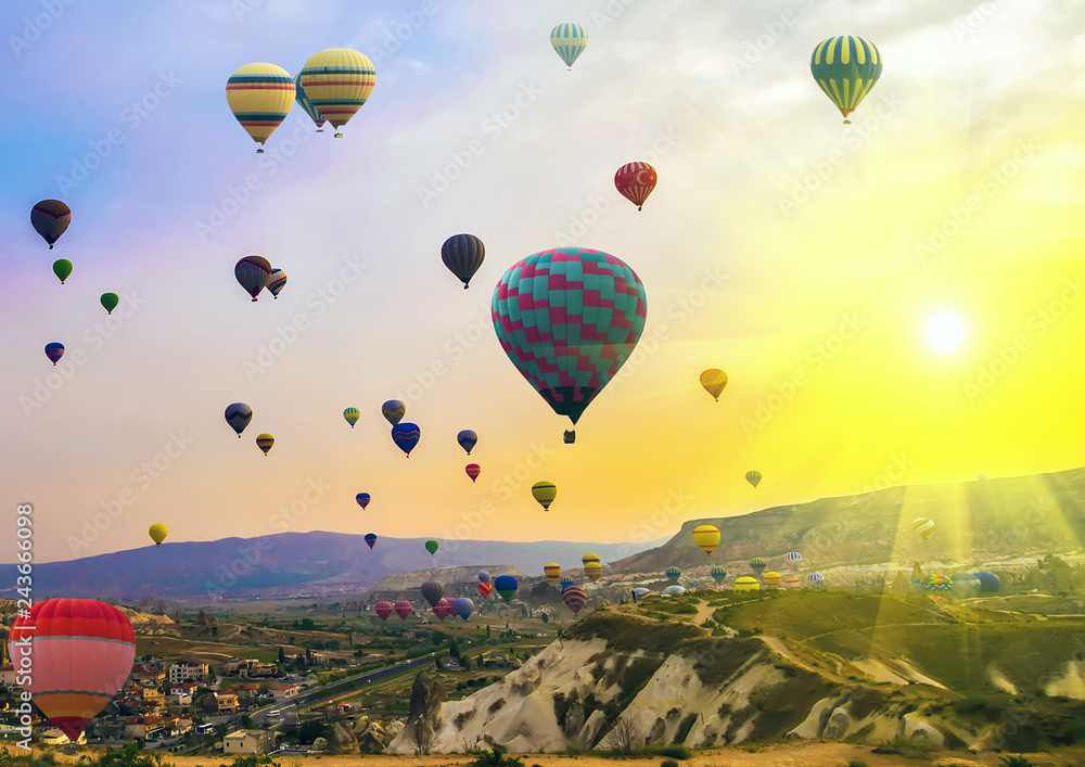 Naklejka premium Hot Air Balloon Spring sunset Mountain